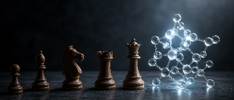 A glowing molecule model sitting on top of chess pieces, symbolizing the shift from reasoning to scientific discovery.