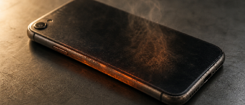 An iPhone resting on a metal surface with faint heat shimmer rising from it, sparse editorial still life