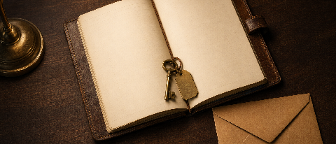An editor's still life of blank receipts, a brass key, and a single envelope arranged on a dark desk.