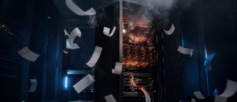 Abstract editorial illustration of a server rack emitting smoke and scattered receipts, symbolizing runaway API billing from misconfigured AI agents.