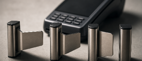 A payment terminal behind three miniature metal gates, symbolizing the three authorization checkpoints AI agents need before processing user renewals.