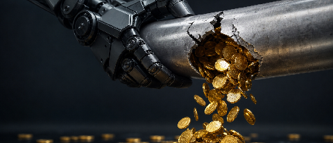 A robotic hand struggling to hold back a stream of gold coins flowing from a cracked digital pipe, symbolizing uncontrolled AI spending.