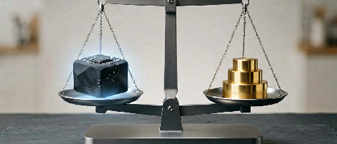 A precise digital scale balancing a glowing microchip against gold coins, symbolizing the calculation of AI token costs.