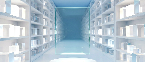 A futuristic, minimalist architectural library representing AI's layered memory system.