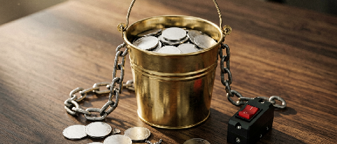 Editorial still life of a brass token bucket with a snapped chain and a small red circuit breaker switch on a dark desk.