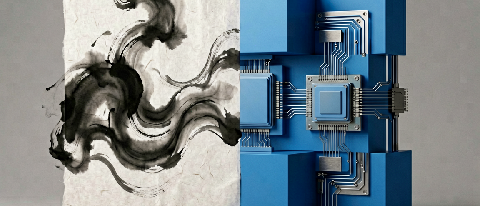 Conceptual split image showing Eastern philosophy and Western technology meeting