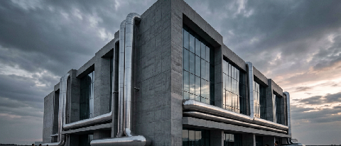 A futuristic, monolithic data center complex with industrial cooling infrastructure.