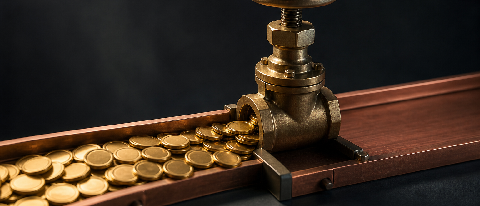 Editorial still life of a gate valve meter controlling golden tokens on a track