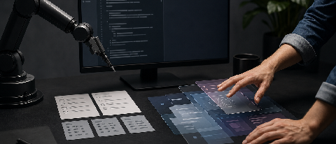 Split scene: a robotic hand drafting test code on screen while a human hand hovers over a dynamic UI layer to verify