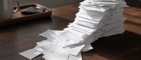 A stack of paper receipts growing uncontrollably on a desk