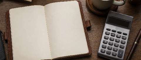 A detailed view of a business ledger with a calculator and coffee cup, symbolizing the careful accounting of hidden AI implementation costs.