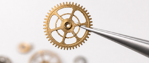 A minimalist editorial still life showing a complex mechanical gear being gently held by a pair of precision tweezers against a clean, neutral background, symbo