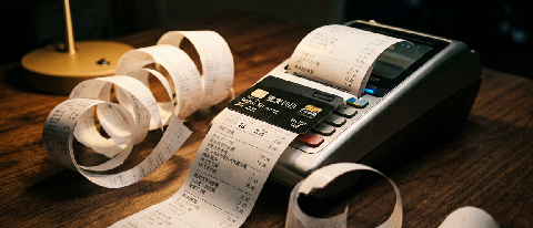 A close-up of a credit card being repeatedly swiped through a terminal, with the receipt tape piling up in an endless loop on the floor, symbolizing runaway age