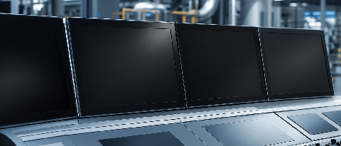 A clean industrial control panel with blank screens in a modern factory setting