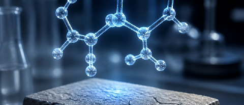 A conceptual editorial image showing a sleek, modern laboratory setting where a digital holographic projection of a molecule is being scrutinized by a large, ph