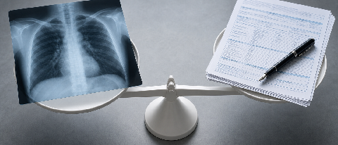 A conceptual editorial shot of a CT scan film resting on a balance scale alongside medical billing documents, symbolizing the cost-compliance challenge of AI di