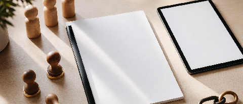 HR desk with AI-integrated performance documents and approval symbols.