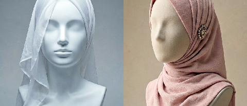 A split composition showing a generic AI-generated female silhouette on one side and a detailed, culturally accurate Indonesian Muslim woman's headscarf on the 