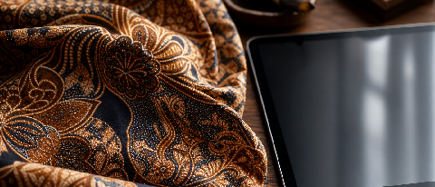 Editorial still life showing a traditional Indonesian batik fabric being carefully aligned with a digital tablet displaying a blurred map, symbolizing the inter