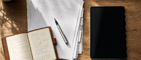 A detailed editorial still life showing a stack of physical files and a pen next to a tablet displaying a blank canvas, symbolizing the need for human documenta