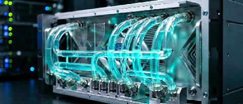 A high-tech data center server rack with advanced liquid cooling pipes, illuminated by cool blue and white LED lights, representing efficient AI infrastructure.