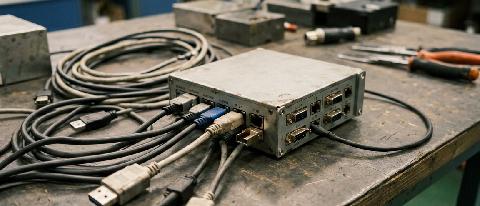 Assorted industrial cables and connectors on a workshop table