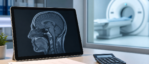 A modern hospital radiology department desk with a tablet displaying a medical scan interface and a calculator, symbolizing the economic assessment of AI tools.