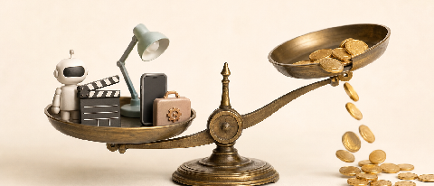 Editorial still life of five small AI-themed objects balanced on a brass scale, one side tipping with coins.