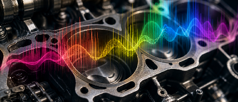 A detailed close-up of an engine's internal components with a translucent, artistic overlay representing a sound wave spectrum, set against a clean workshop bac