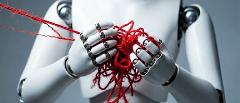 A cold, metallic robotic hand firmly gripping a tangled knot of red thread against a sterile background