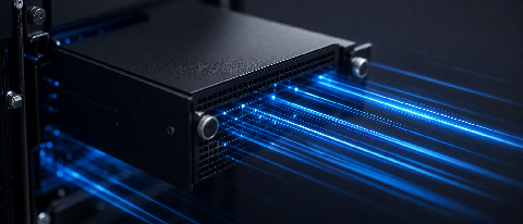 A sleek, abstract representation of high-speed data processing and verification on a modern server rack