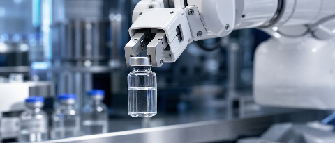 A sleek robotic arm in a modern chemistry laboratory performing precise tasks