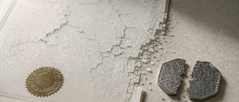 Editorial still life of a legal document with a broken digital seal and scattered evidence