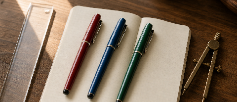 Three writing levers seated in a metal case, each designed for a different task layer — ruler for shape, compass for logic, ink-brush for nuance — analog tablep