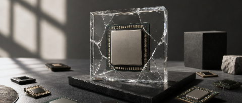 Symbolic still life of AI chips with the H20 model encased, representing export restrictions.