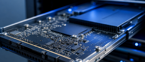 A close-up editorial shot of a modern server rack with blue LED indicators, symbolizing AI infrastructure and domestic chip adoption.