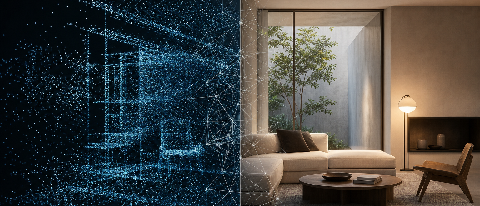 Abstract visualization of 3D spatial reconstruction and geometric alignment