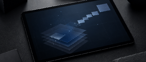 A close-up editorial shot of a modern digital tablet displaying a stylized, abstract representation of a video timeline with subtle geometric watermark patterns
