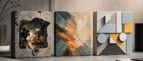 A minimalist workspace showing three distinct creative toolkits arranged on a desk