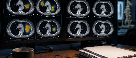 Radiologist reviewing CT scans alongside AI heatmap output on a dual-screen workstation.
