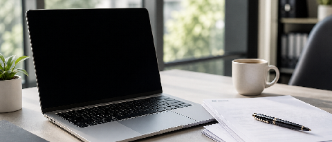 A modern office desk with a laptop showing a blank screen, surrounded by physical documents and a coffee cup, representing the blend of digital tools and human 