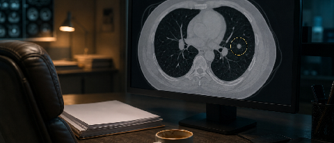Radiology reading room with a CT scan showing AI-marked lung nodules.