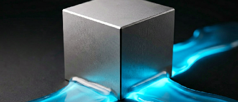 A minimalist editorial still life showing a stack of grey server racks transforming into fluid, glowing blue liquid at the base, symbolizing elastic resource al