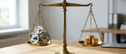 A balanced scale weighing a complex gear against simple coins on a wooden desk