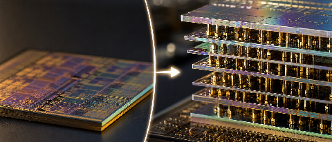 A conceptual macro shot of a 3D stacked semiconductor chip architecture.