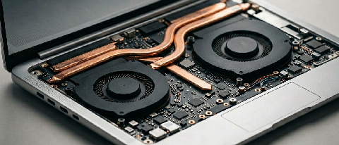 Close-up of a premium laptop's internal cooling system with copper heat pipes and a matte black fan.