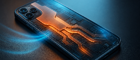 A conceptual editorial shot of a smartphone chassis with visible internal heat dissipation elements against a cool blue background.