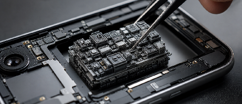 A miniature, highly detailed 3D-printed model of a complex city or circuit board is being carefully inserted into the open back of a smartphone, symbolizing the