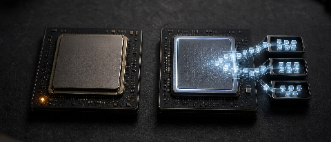 An NPU chip quietly sorting queued task tokens while the CPU chip beside it rests dim and inactive.