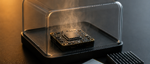 A small circuit board with a chip sits inside a glass enclosure, surrounded by soft warm light and faint heat haze, suggesting limited power and thermal budget.